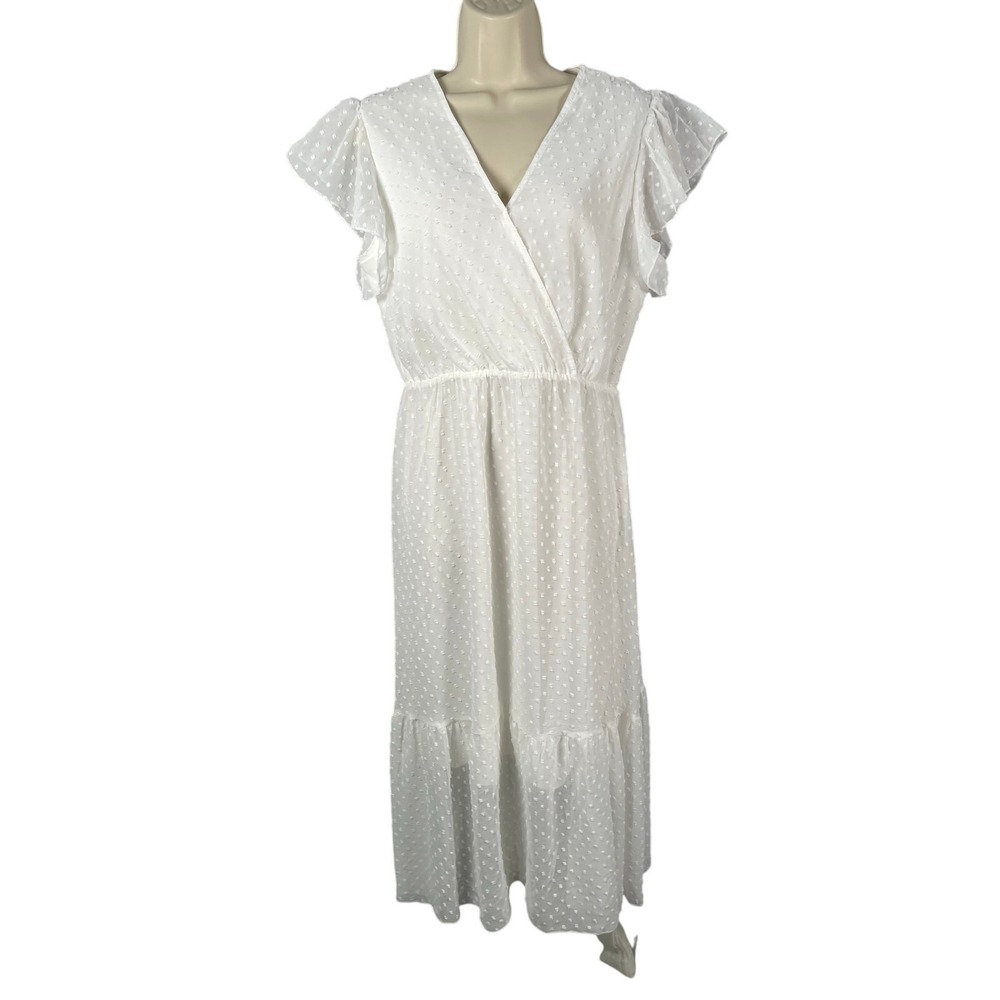 Fashion Dress Womens Medium White Swiss‎ Dot Midi Chiffon
